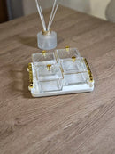TREND HOME GOLD Aperitif-Tablett mit 4 quadratischen Schalen mit Deckel aus Glas und Porzellan 