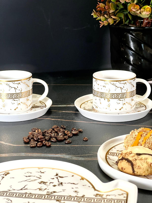 ZELLERFELD VERSAS MARBEL Set de 18 pièces : 6 tasses à café avec soucoupes  + 6 assiettes à dessert blanc/doré