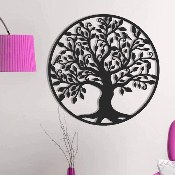 Hayat ağacı ve kuşlar - Yuvarlak metal duvar dekorasyonu
