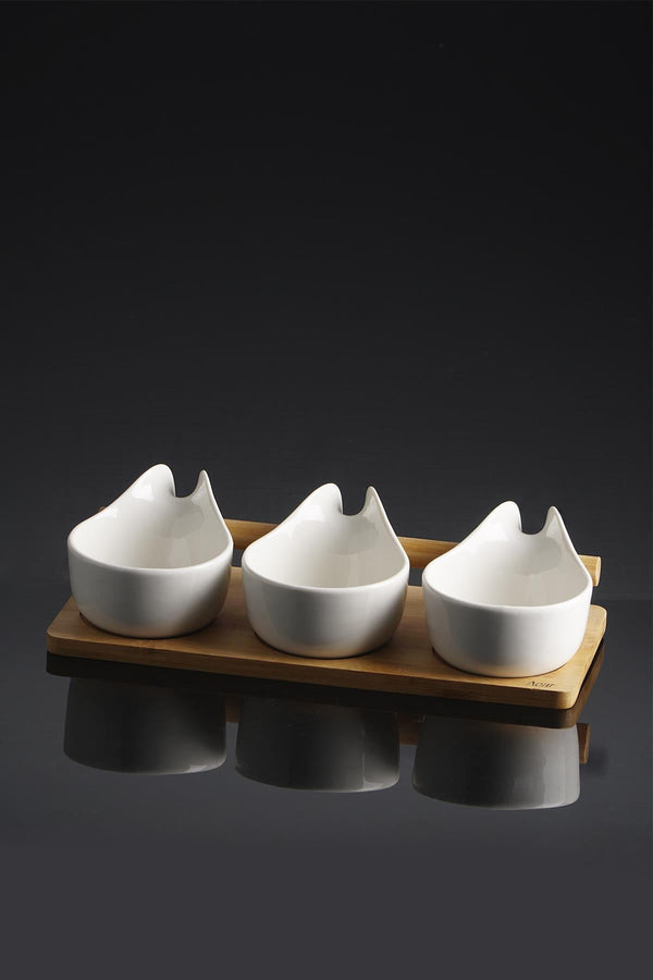 ACAR LA PURE Bols à tapas et sauces en porcelaine blanche avec stand en bambou - 11 cm