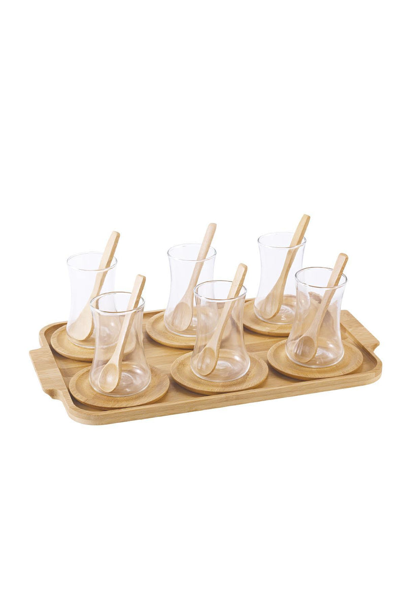 ACAR ENJOY Set de verres à thé avec plateau et soucoupes et cuillères en bambou 6 personnes 19 pièces - Bella-Home