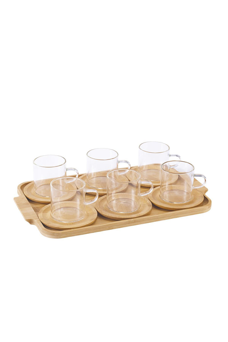 ACAR ENJOY Set de mini mugs en verre avec plateau et soucoupes en bambou 6 personnes 13 pièces - Bella-Home