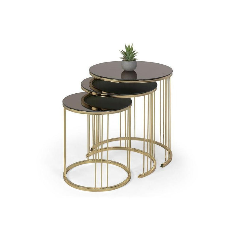 BELLA SWAN lot de 3 tables gigognes rondes bronze & miroir - Yuvarlak 3'lü zigon sehpalar bronz & cam