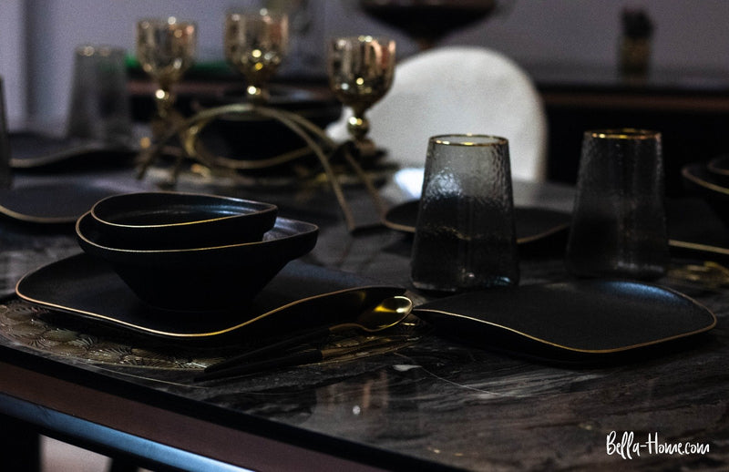 Bricard Evry yemek takimi ve Karaca Lydia Black çatak kasik bicak takimi - Service de table noir doré et ménagère couvert