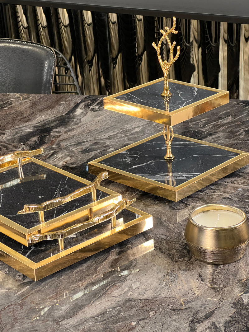 ZEYVE Set aus 2 Tabletts marmoriert schwarz gold