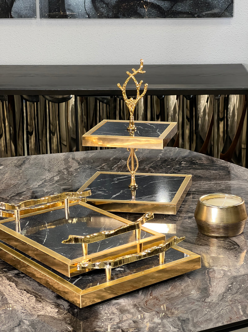 ZEYVE Set aus 2 Tabletts marmoriert schwarz gold