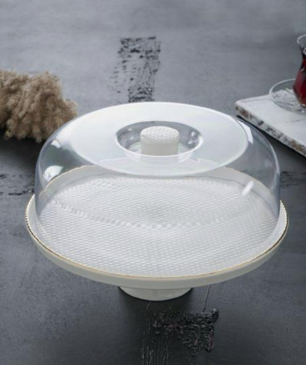 Présentoire à gateau en céramique avec dome en verre blanc