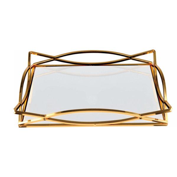Plateau de service rectangulaire doré et décoratif en miroir - Rechteckiges Serviertablett mit goldenem und dekorativem Spiegel