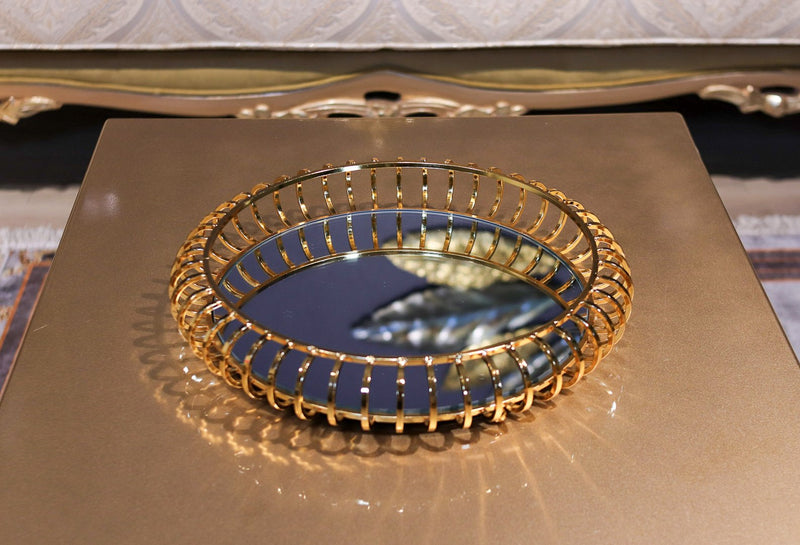 Plateau de service rond doré et décoratif en miroir - Verspiegeltes dekoratives goldenes rundes Serviertablett