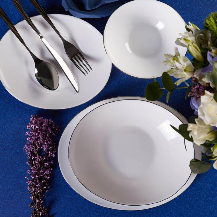 KARACA Ensemble de vaisselle en porcelaine Globe pour 6 personnes - Service de table 24 pièces avec assiettes et bols, ensemble de vaisselle rond et ensemble de dîner en or blanc