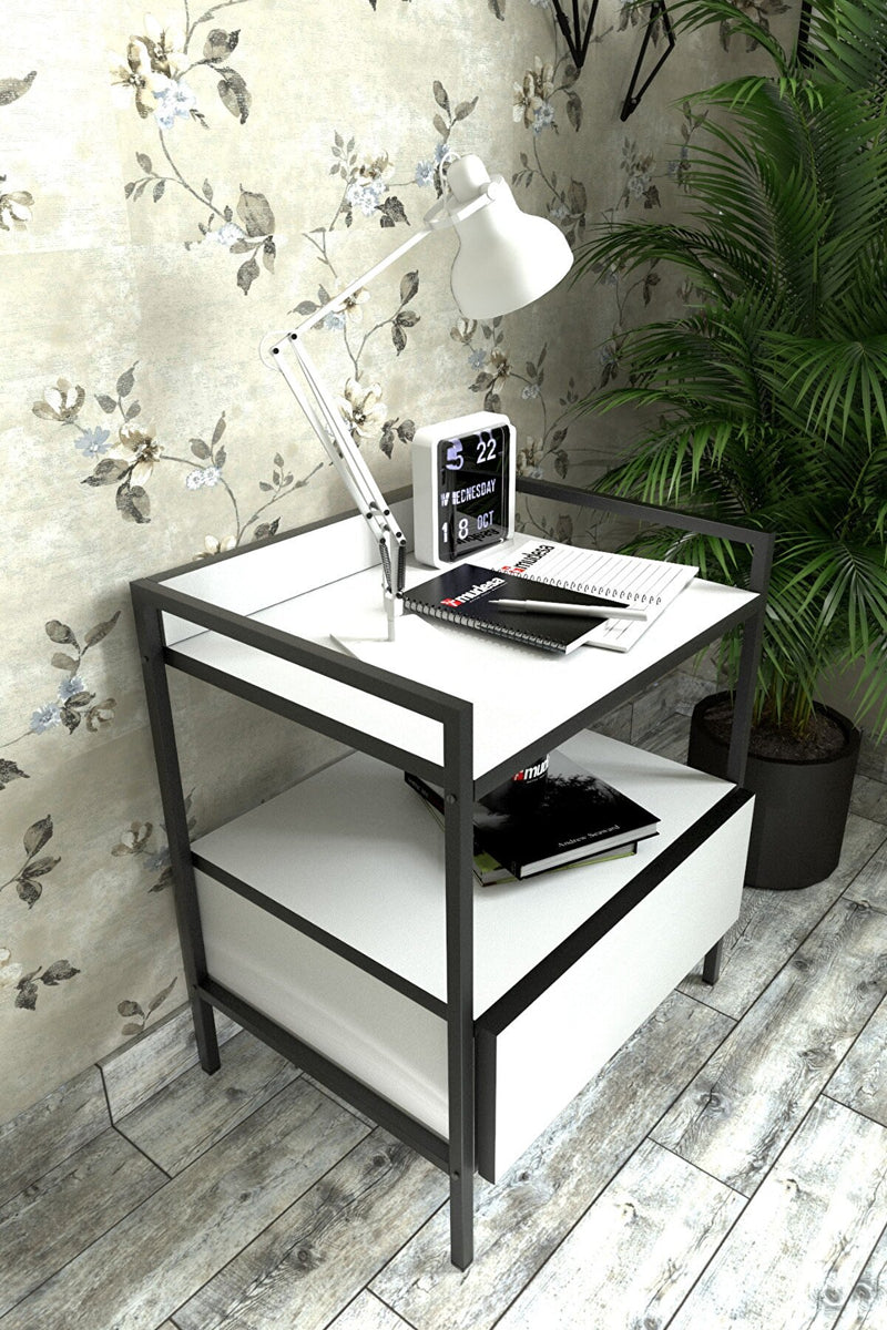 MUDESA Table de chevet moderne avec tiroir en métal et bois blanc
