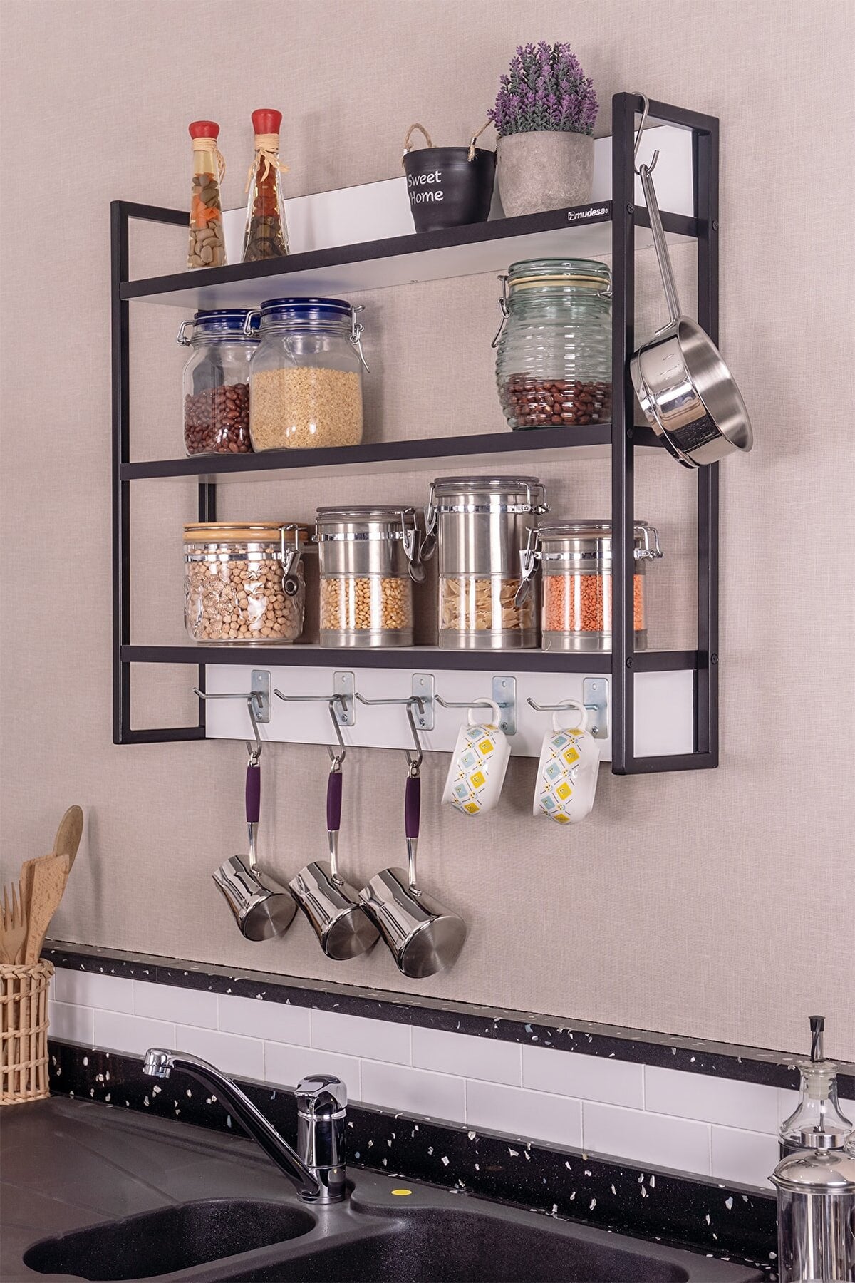 Grande étagère à épices Liese - Étagère Suspendue Noire - 4 Tablettes - Murale - Neuf
