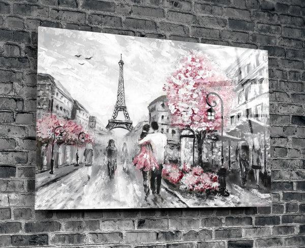 Tableau en verre - Les amoureux à Paris Pop Rose