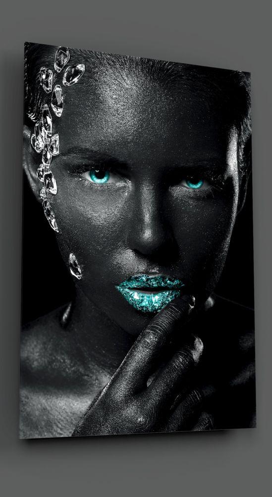 Tableau en verre - Femme africaine Lèvres et Yeux Bleus Strass