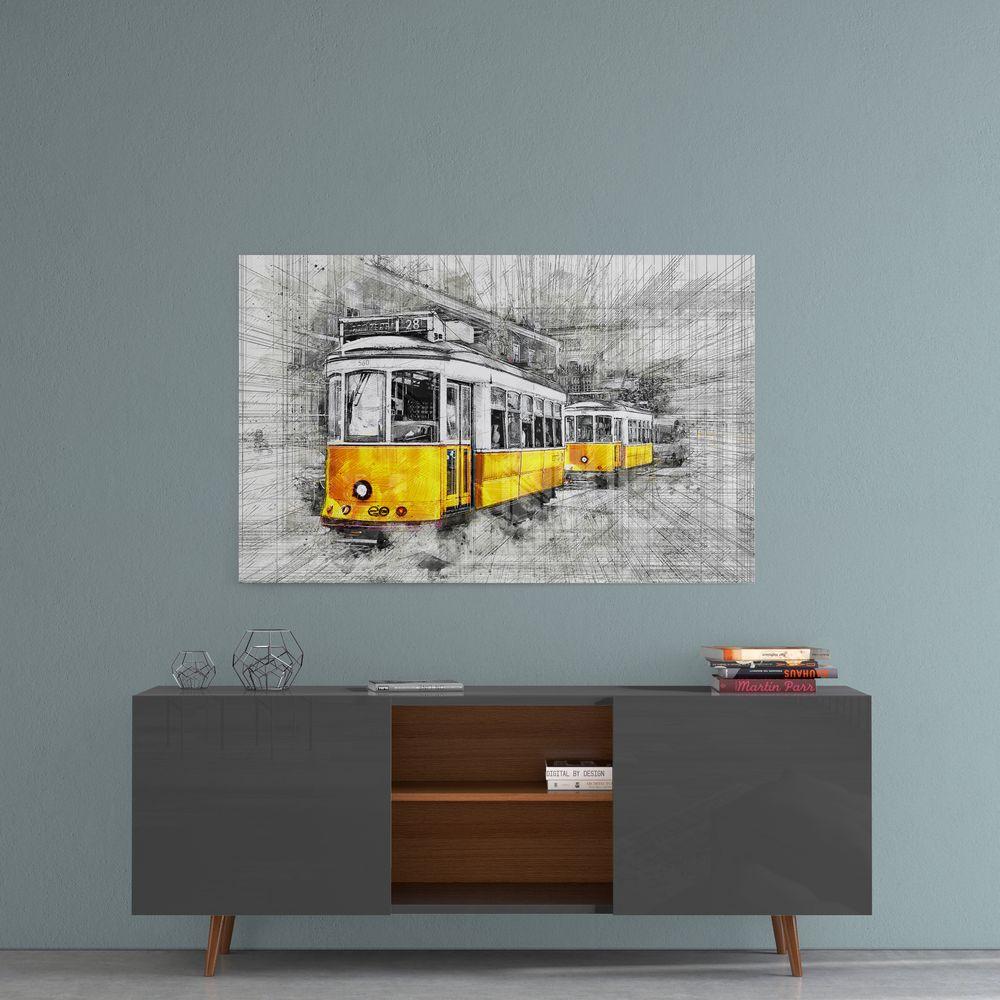 Tableau Décoratif Moderne - Tramway De Lisbonne Sur Toile 50x100 Cm - Orange Vibrant