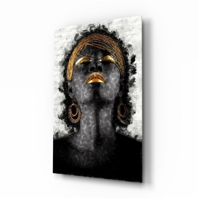 Tableau en verre - Femme africaine avec maquillage dorés et bijoux - Fond blanc