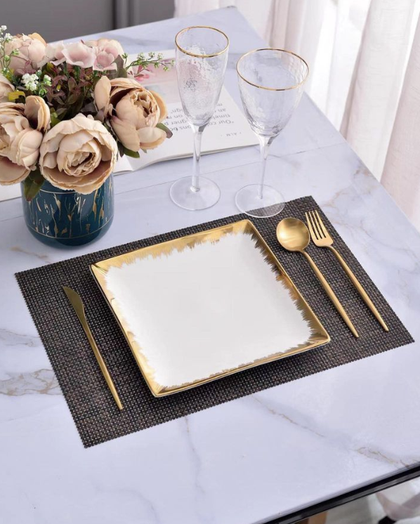 TREND HOME Kare porselen servis tabağı beyaz/altın 25x25 cm