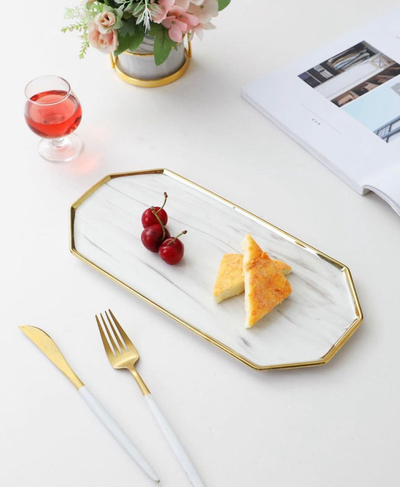 TREND HOME COLLECTION Set aus 2 Desserttellern, weiß marmoriert mit Goldrand 