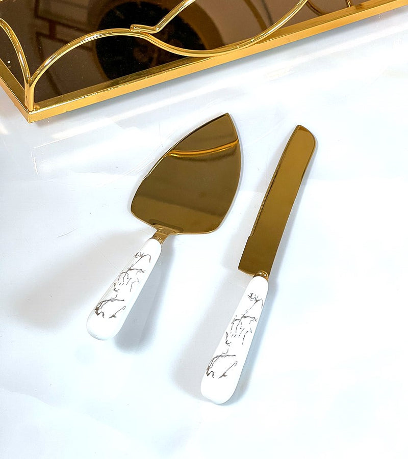 TREND HOME Set de couverts à dessert : couteau + spatule blanc/doré